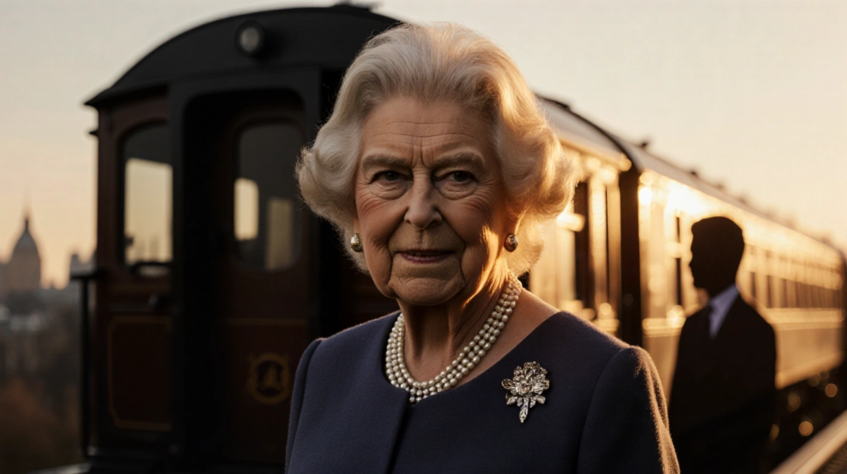 Queen Camilla stands confidently before a vintage train carriage with a muted London sunset in the background.