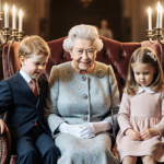 Queen Elizabeth sits beside Prince George and Princess Charlotte with golden glow and velvet armchair