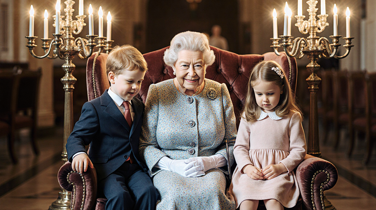 Queen Elizabeth sits beside Prince George and Princess Charlotte with golden glow and velvet armchair