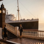 Queen Mary ship rests against sunset with grand staircase and vintage guests near clock tower