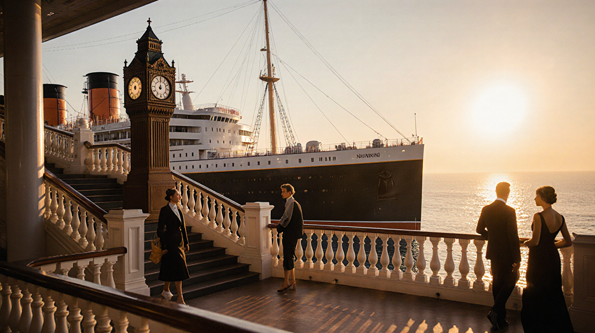 Queen Mary ship rests against sunset with grand staircase and vintage guests near clock tower