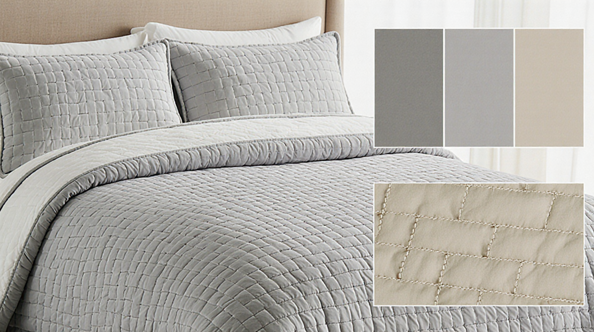 Quilt draped over sleek bed frame with basketweave pattern and visible durable stitching near neutral light gray background