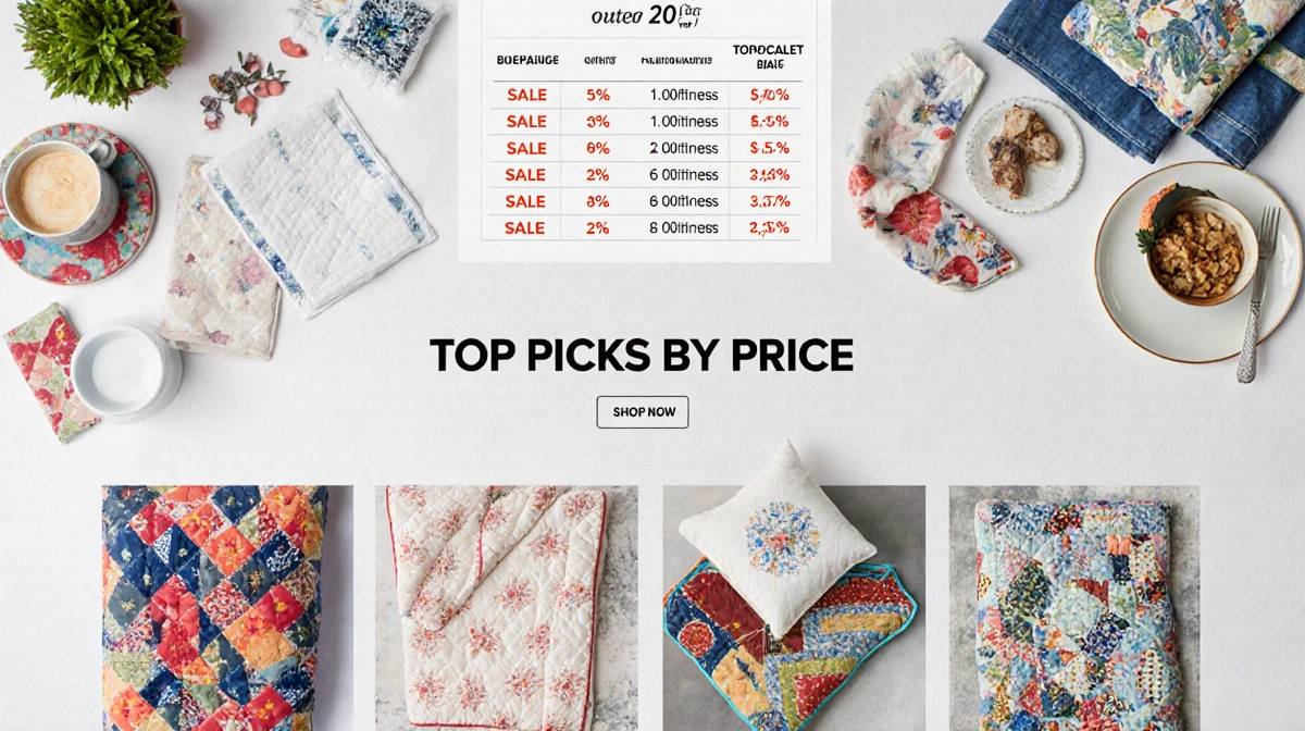 Colorful quilts and comforters arranged on table with price chart showing sale percentages