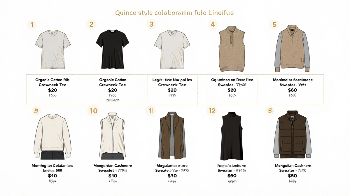 Quince collaboration clothing lineup arranged with Organic Cotton Tee and Mongolian Cashmere Vest showing prices and key deta