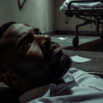 Quinton Aaron lying on worn stairs with a concerned expression with a hospital bed in background and medical charts nearby