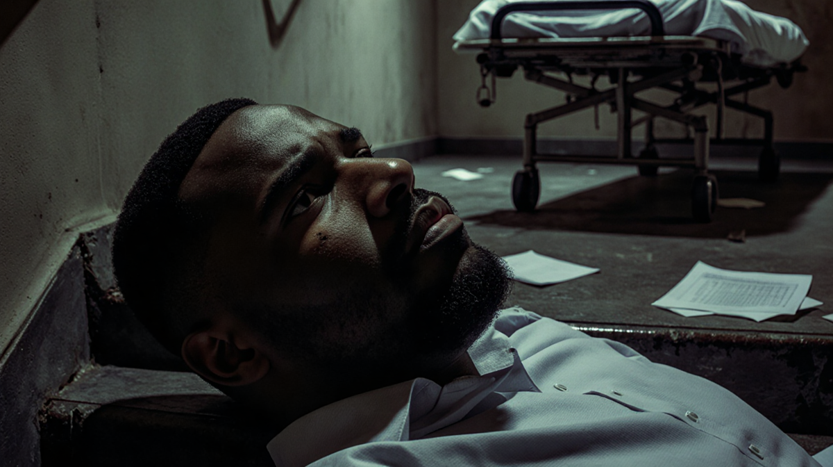 Quinton Aaron lying on worn stairs with a concerned expression with a hospital bed in background and medical charts nearby