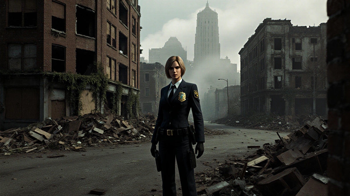 FBI analyst Grace Ashcroft surveys the ruins of Raccoon City with abandoned buildings and creeping fog behind her