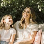 Rachel Bilson relaxing on outdoor couch with daughter Briar Rose and lush garden showing mother daughter bonding