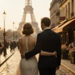 Rachel McAdams walking hand-in-hand with Jamie Linden through Parisian street with Eiffel Tower softly glowing behind