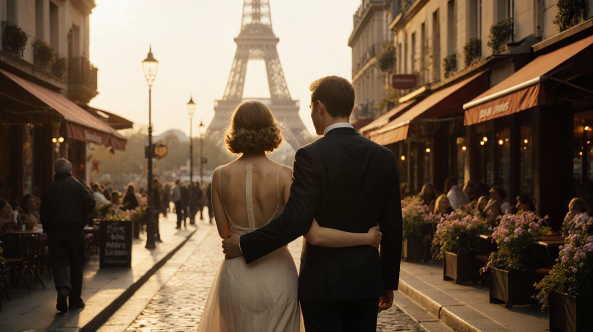 Rachel McAdams walking hand-in-hand with Jamie Linden through Parisian street with Eiffel Tower softly glowing behind