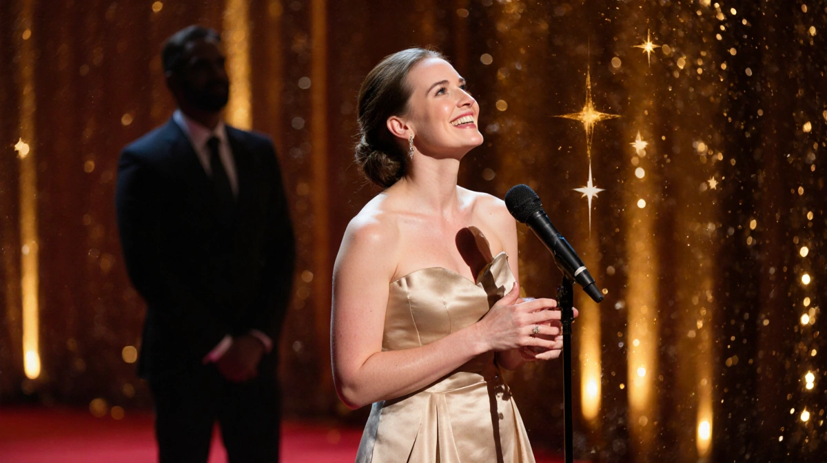 Rachel McAdams standing at microphone at award ceremony with golden lights and a red carpet