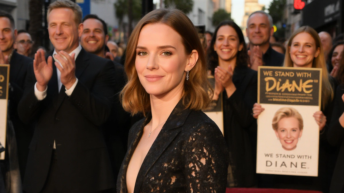 Rachel McAdams standing before her Hollywood Walk of Fame star with a crowd holding 'We Stand With Diane' signs.