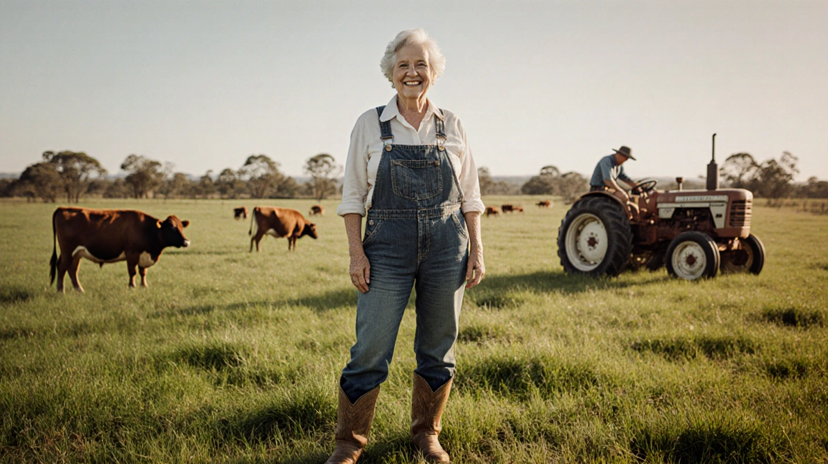 Mature woman smiles while standing in green pasture with cattle grazing and farm equipment visible in distance