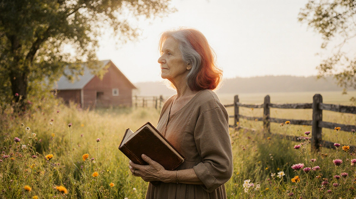 Rachel Ward stands in wildflower meadow with leather book and golden sunlight showing her graceful aging