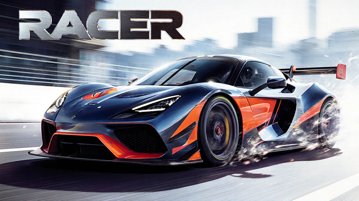 Racing car speeding forward with bold RACER text and motion-blurred background
