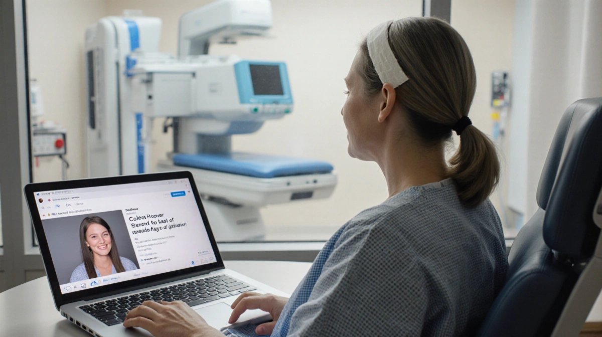 Cancer patient sits in hospital gown with bandaged head showing Instagram post about radiation therapy on nearby tablet