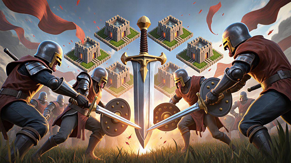 Players clash in Raid mode with swords and shields Sword of Shieldbreaker at center and six fortified bases behind.