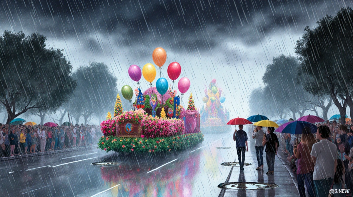 Rain-soaked Rose Parade route glistens with bright floats and balloons and spectators with umbrellas and reflective puddles.