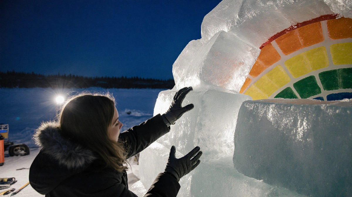Woman places ice block into rainbow igloo wall with slush layers and tools visible under soft blue night sky