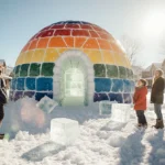 Family celebrates their giant rainbow igloo with colorful blocks scattered across the snow and long shadows stretching across