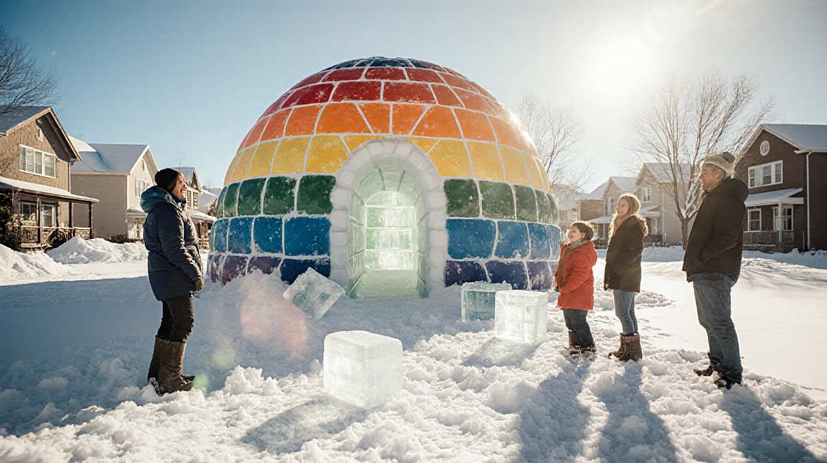 Family celebrates their giant rainbow igloo with colorful blocks scattered across the snow and long shadows stretching across