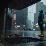 Woman standing under awning with storm drain and rain-soaked cityscape in SoCal