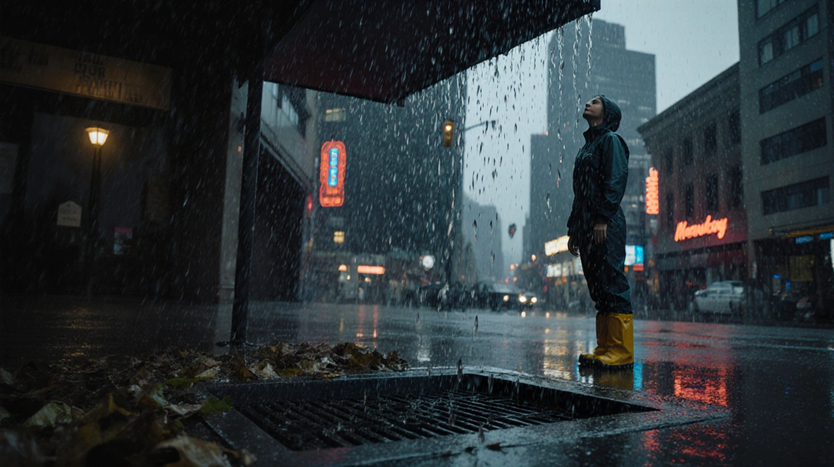 Woman standing under awning with storm drain and rain-soaked cityscape in SoCal