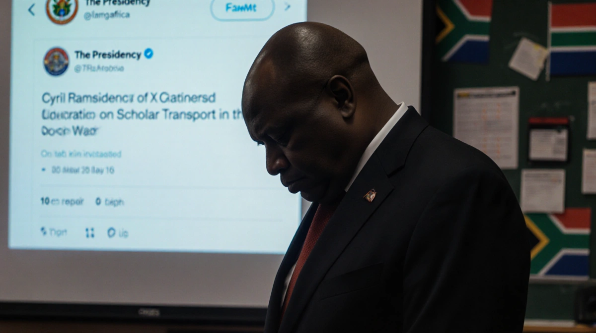 President Ramaphosa bowing his head with The Presidency X post on screen behind him