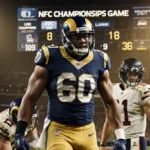 Rams defensive end Aaron Donald celebrating victory over defeated Bears quarterback with stadium scoreboard showing NFC Champ
