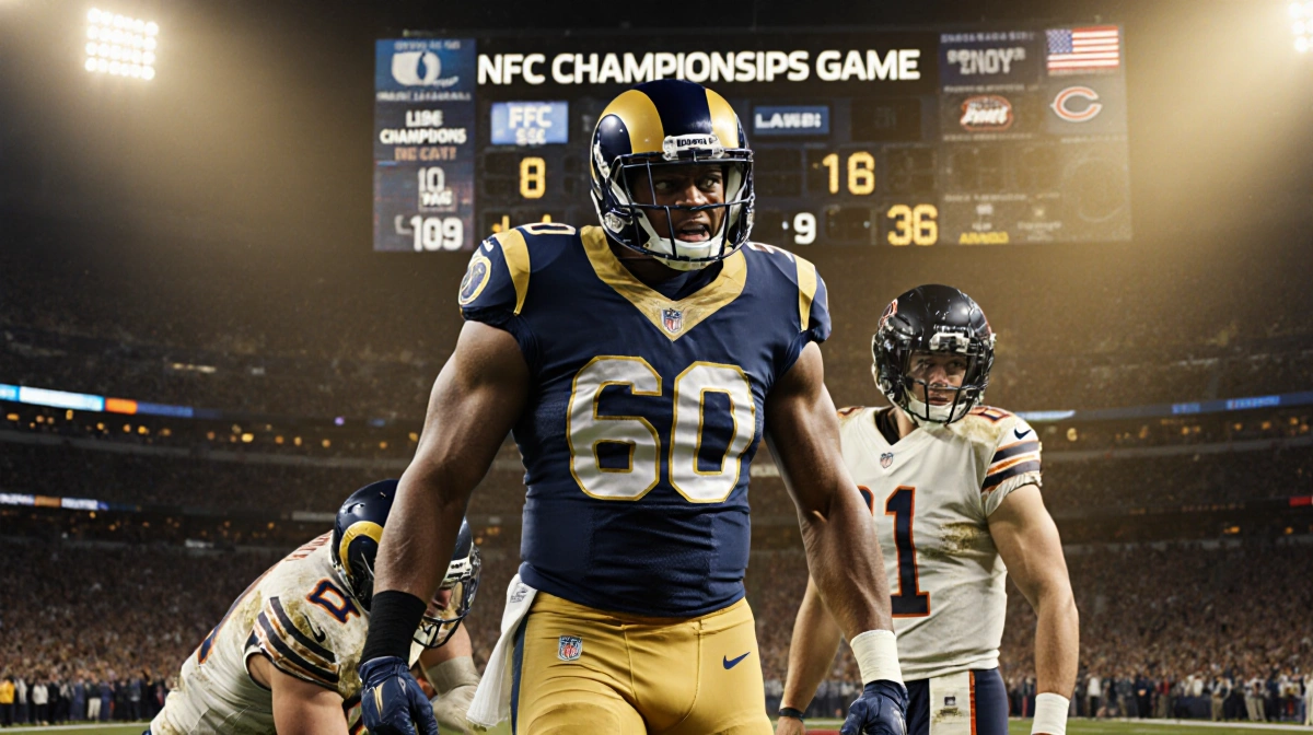 Rams defensive end Aaron Donald celebrating victory over defeated Bears quarterback with stadium scoreboard showing NFC Champ