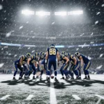 Rams players huddle around kicker with swirling snow at Soldier Field showing overtime field goal tension
