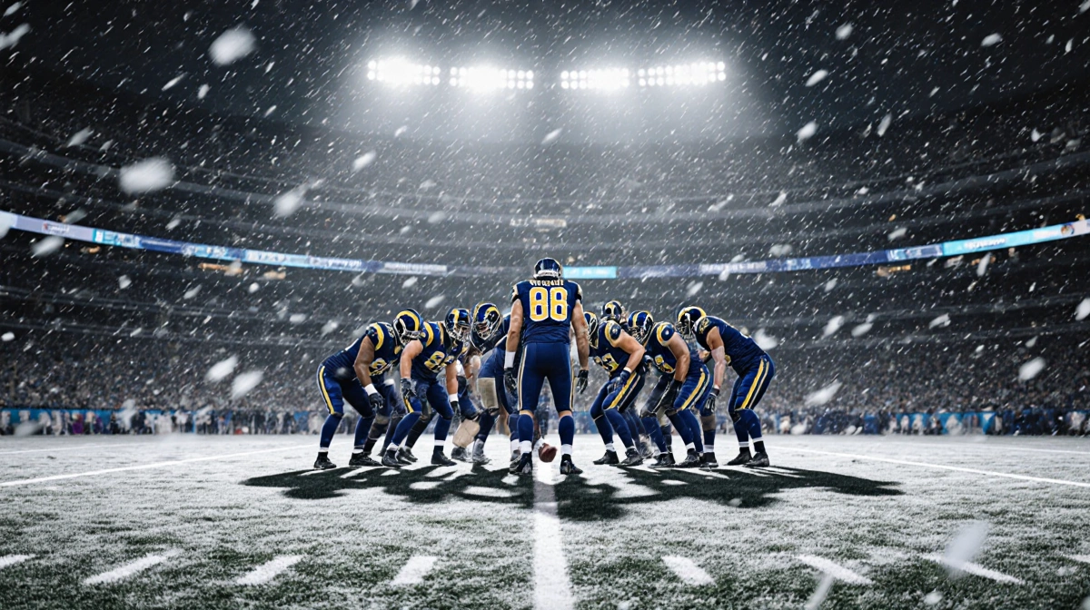 Rams players huddle around kicker with swirling snow at Soldier Field showing overtime field goal tension
