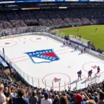 Rangers players warming up on ice with bright Rangers logo and Winter Classic sun over green grass