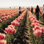 People strolling hand-in-hand through sunlit ranunculus flower fields with vintage ticket frame nearby