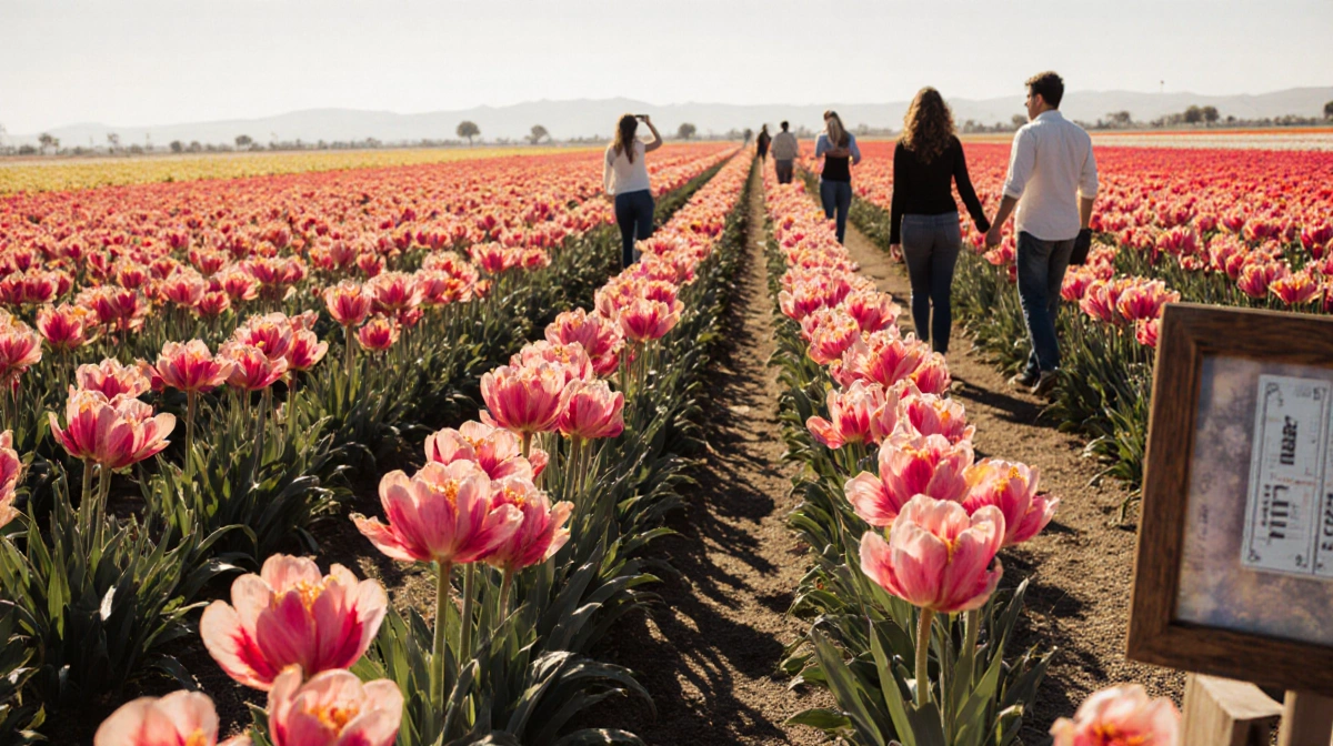 People strolling hand-in-hand through sunlit ranunculus flower fields with vintage ticket frame nearby