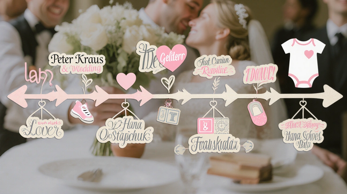 Peter Kraus and Hana Ostapchuk's love timeline shows arrows with hearts and baby blocks connecting their milestones with wedd