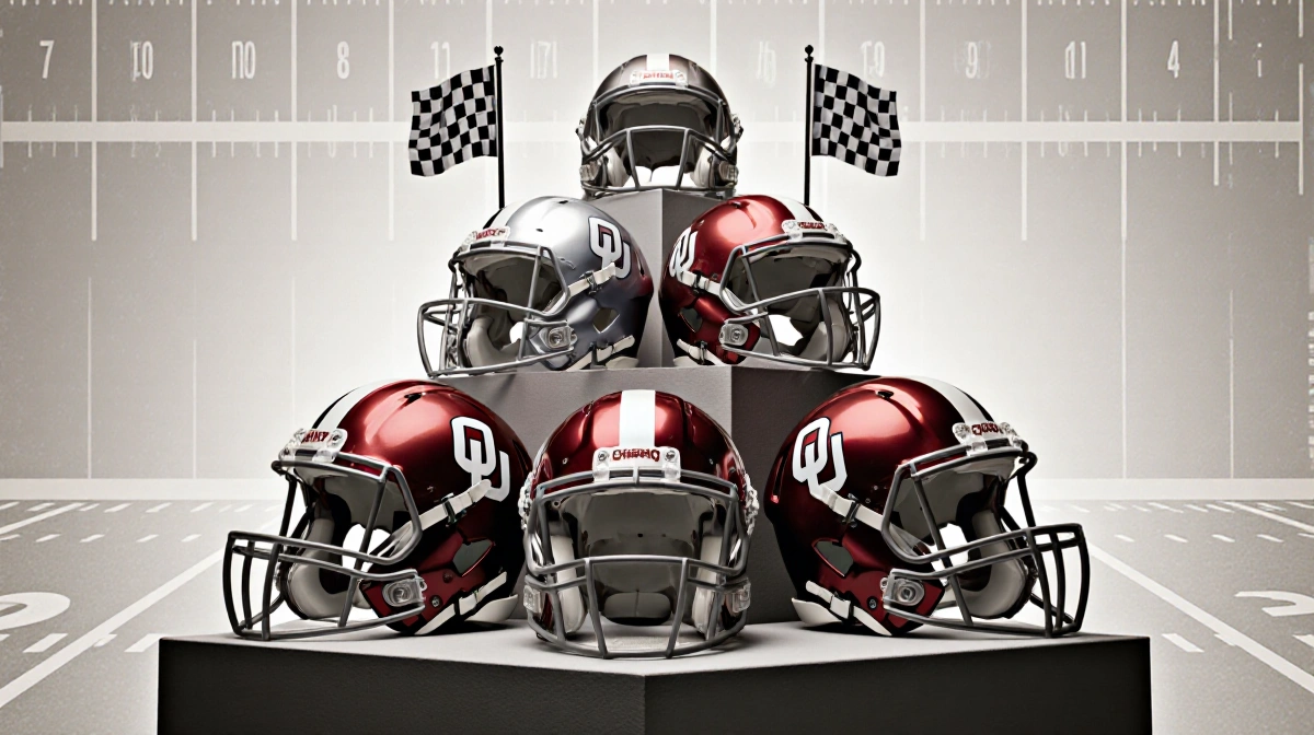 Six metallic football helmets rest on a trophy shelf with field patterns and referee flags behind them