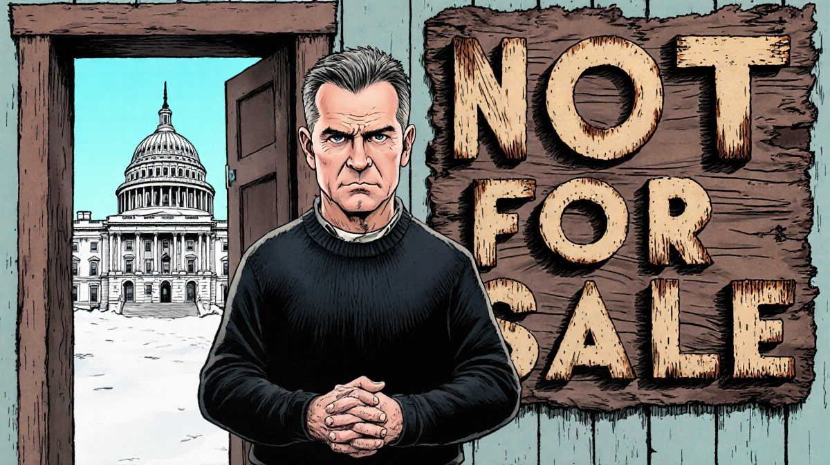 Rasmussen stands firm with clasped hands in front of weathered wooden NOT FOR SALE sign with White House visible through door