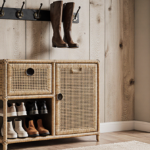 Rattan shoe cabinet showcases shoes against light wood wall with mounted boot rack reflecting light.