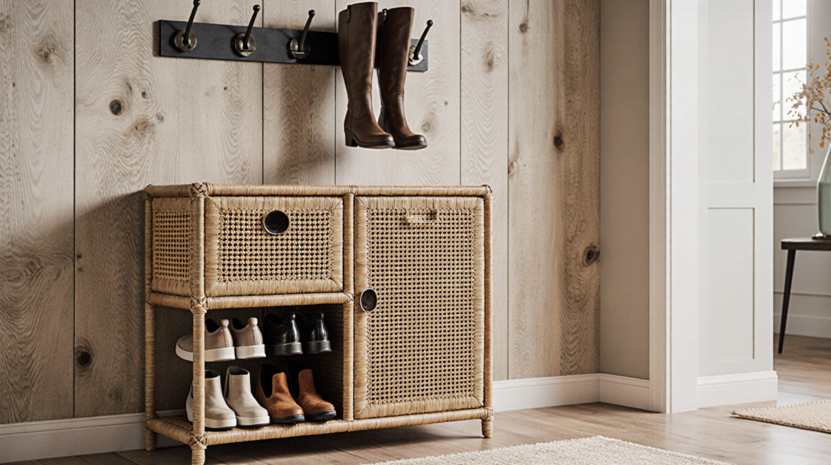 Rattan shoe cabinet showcases shoes against light wood wall with mounted boot rack reflecting light.
