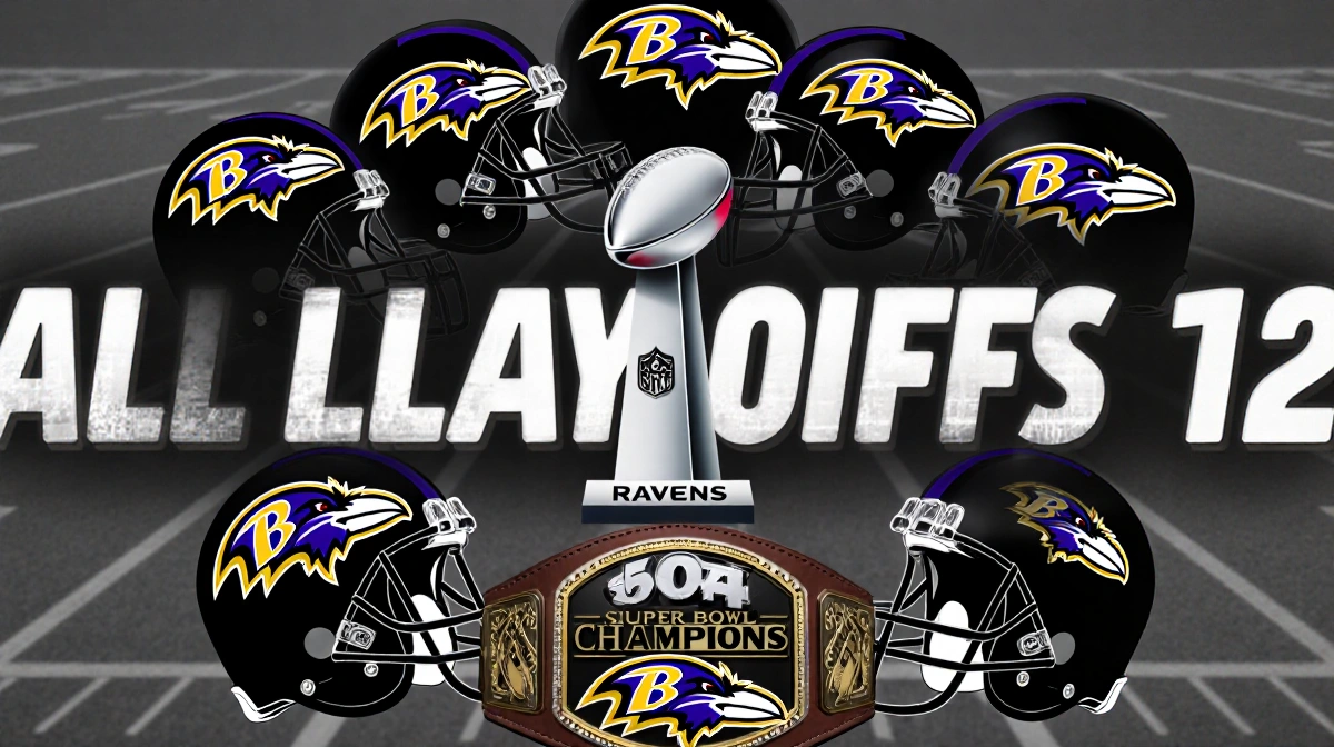 Twelve Ravens football helmets circle a Super Bowl trophy with playoff wins text and NFL field pattern behind