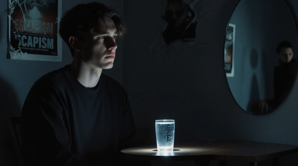 RAYE sits alone with spotlight on her face and torn Escapism poster showing her journey through trauma