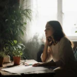 RAYE sits thoughtfully in studio with plants and candle creating warm singer-songwriter atmosphere