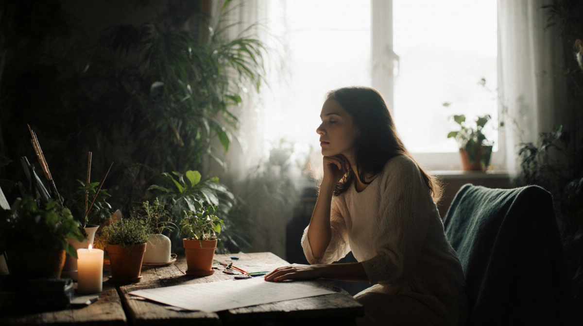 RAYE sits thoughtfully in studio with plants and candle creating warm singer-songwriter atmosphere