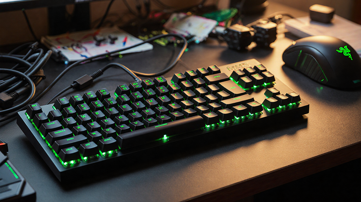 Razer BlackWidow V3 Hyperspeed Mini keyboard glowing with golden light on cluttered desk with gaming cables and accessories