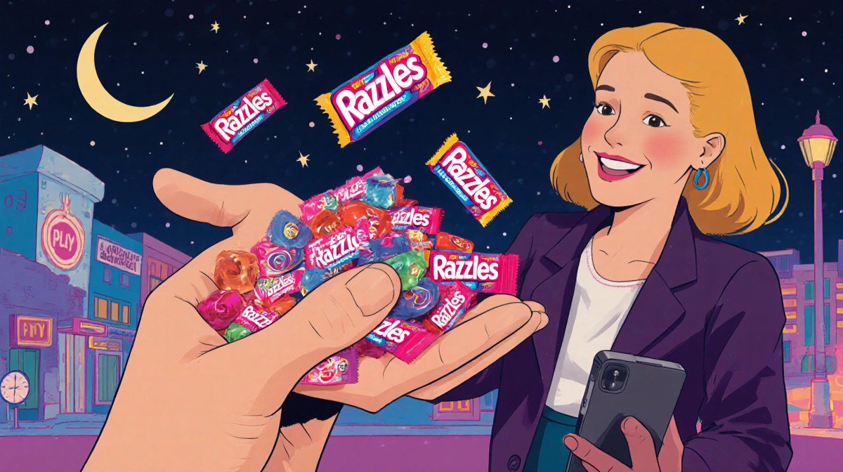 Person holds colorful Razzles candies with early 2000s phone and 13 Going on 30 nostalgia background