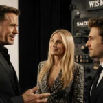 Robert Downey Jr. laughing with Gwyneth Paltrow and Timothée Chalamet on set with wellness products visible behind them