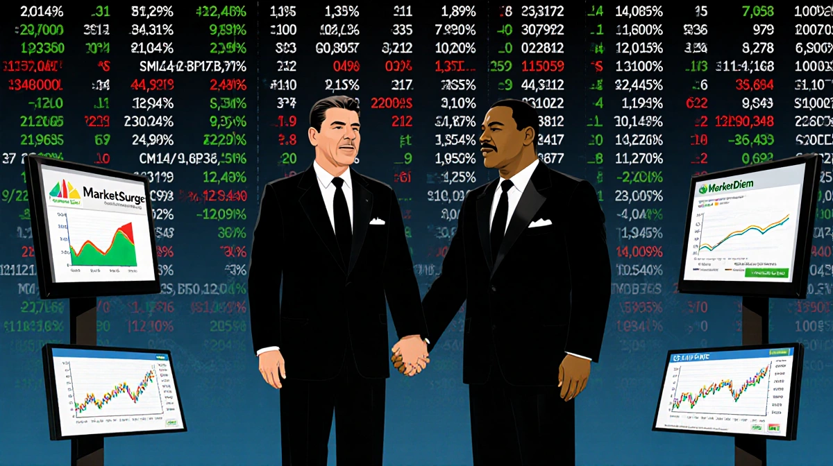 Ronald Reagan and Martin Luther King Jr standing together holding hands with stock market ticker showing S&P 500 charts