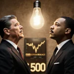 Ronald Reagan and Martin Luther King Jr stand together looking up at glowing lightbulb above S&P 500 ticker board with warm g