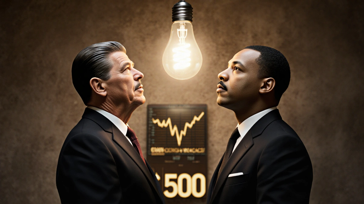 Ronald Reagan and Martin Luther King Jr stand together looking up at glowing lightbulb above S&P 500 ticker board with warm g